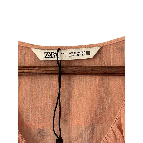 Zara Women’s Pink Peach Long Sleeve V Neck Ruffle Breathable Dress Size Small - Picture 4 of 6